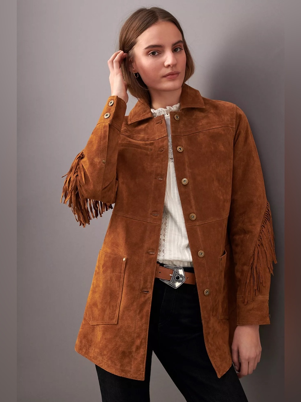 Anthropologie Pilcro Danae Fringed Suede Jacket in Brown, Size Large